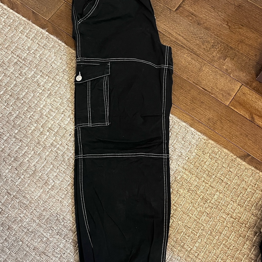 Black Contrast-Stitch Cargo Jumpsuit Pants